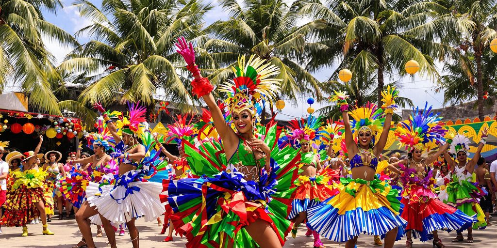 Colorful dancers performing lively Axé dance in Bahia.