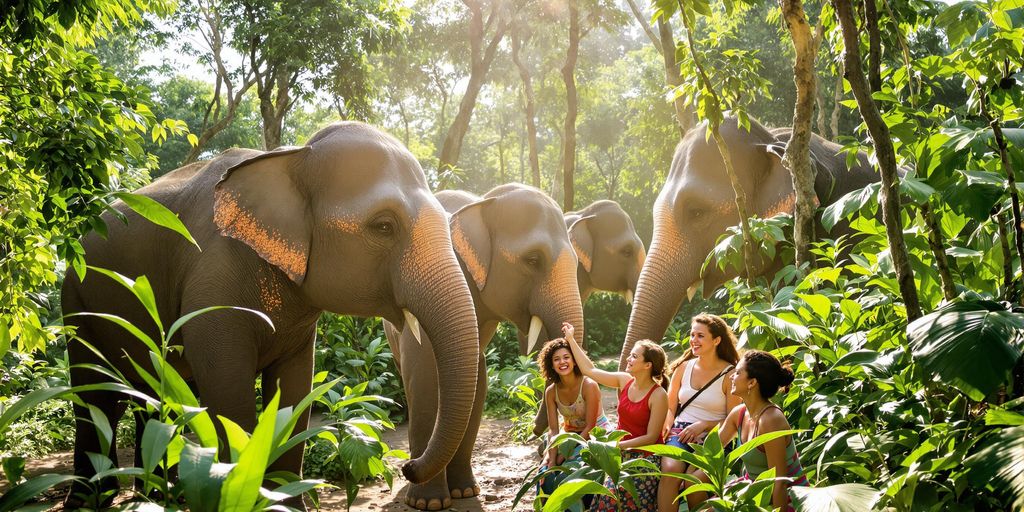 Family interacting with elephants in a lush jungle.