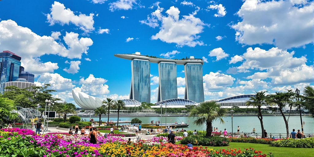 Lush greenery and vibrant flowers in Singapore during July.