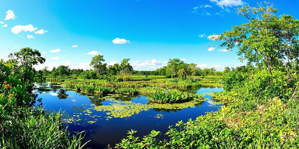 Lush Pantanal wetland with wildlife and serene waterways.