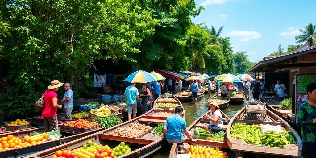 Colorful boats and fresh produce at Srinakarin Floating Market.