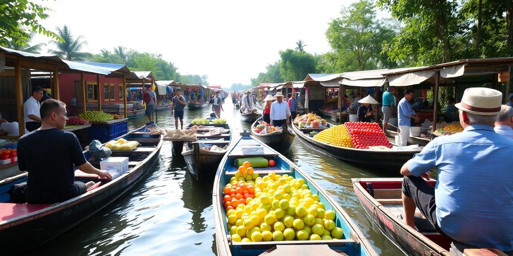 Colorful boats at Bang Khla Floating Market with fresh produce.