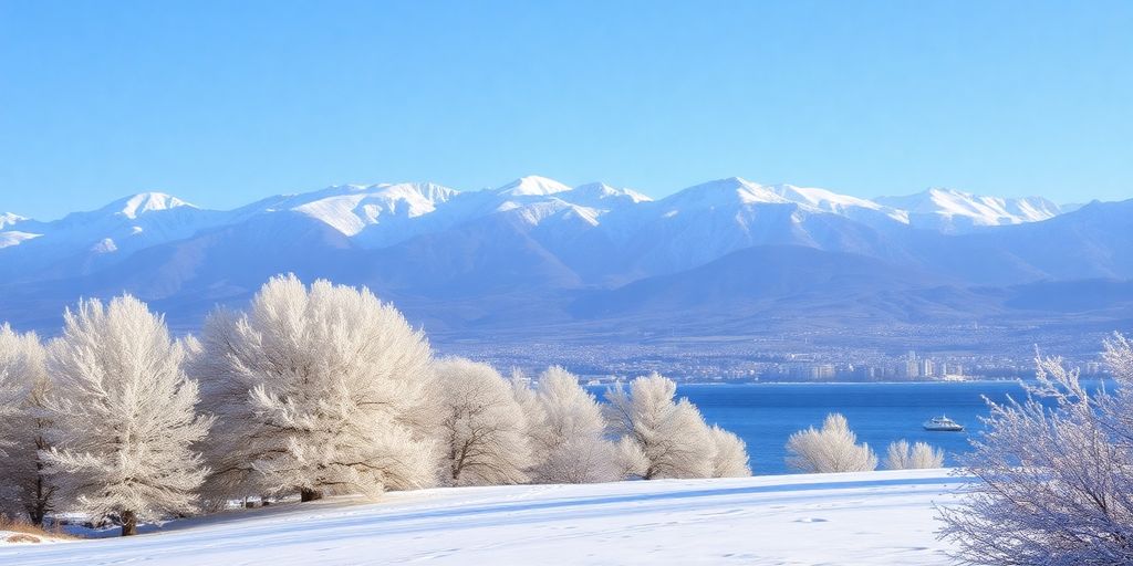 Snowy mountains and coastline in Greece during winter.