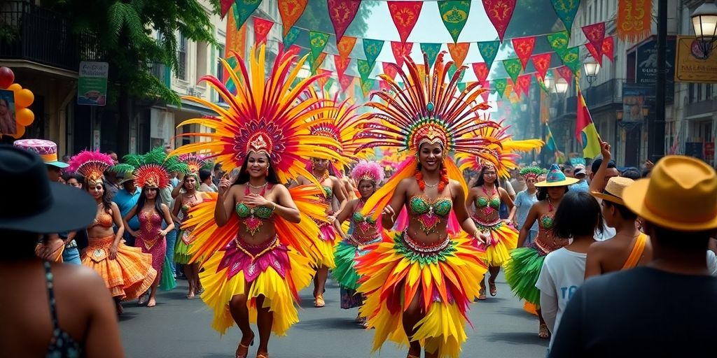 Colorful samba dancers celebrating at Brazilian Carnival.