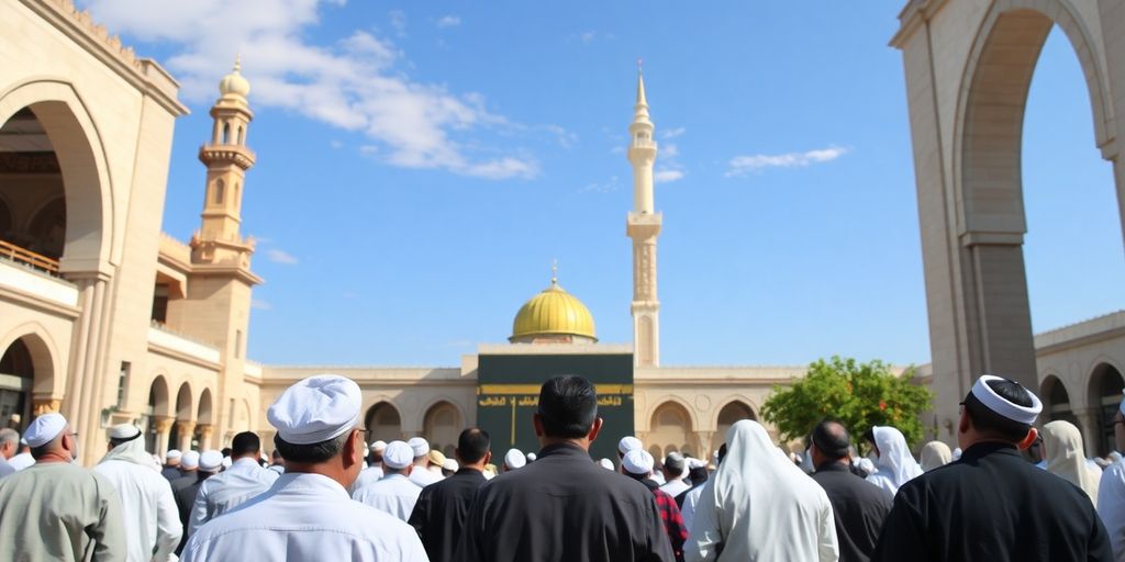 Pilgrims praying at a holy site in Saudi Arabia.