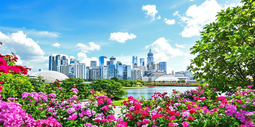 Singapore skyline in August with blooming flowers and greenery.