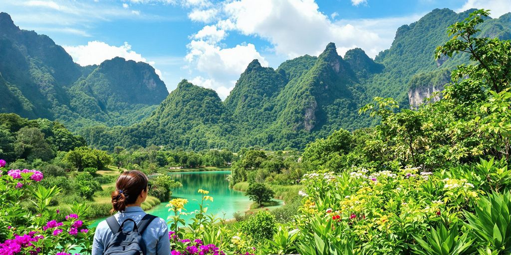 Traveler enjoying Thailand's lush landscape and natural beauty.