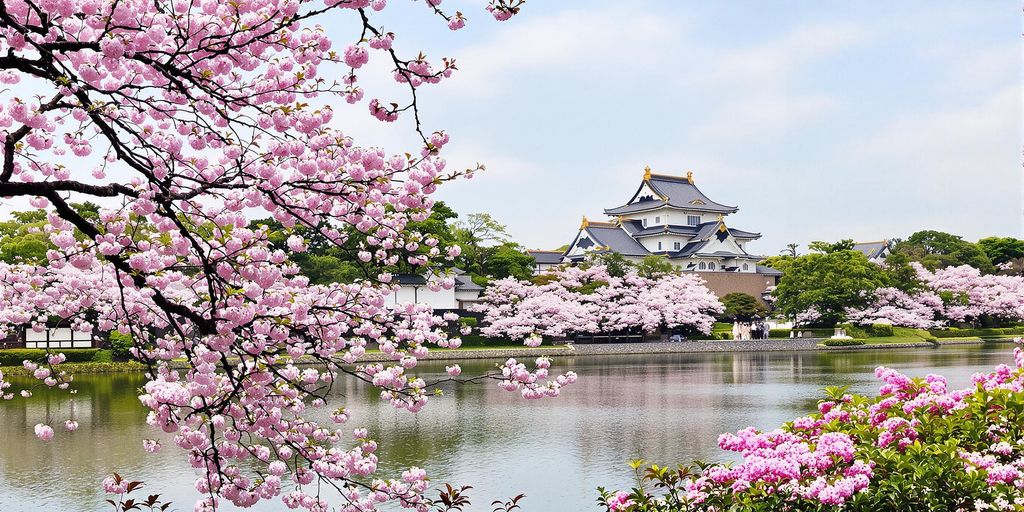 Imperial Palace with cherry blossoms and lush gardens.