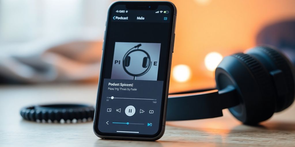 Smartphone playing a podcast with headphones nearby.