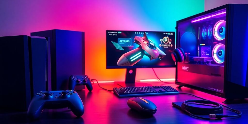 Various gaming consoles and PC setup with colorful lighting.