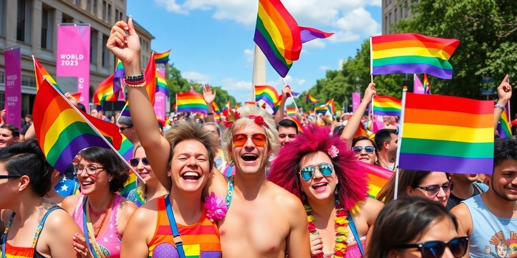 Crowd celebrating with rainbow flags at WorldPride 2025.