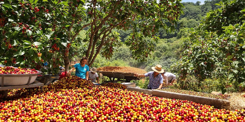 Workers harvesting coffee beans in lush Brazilian fields.