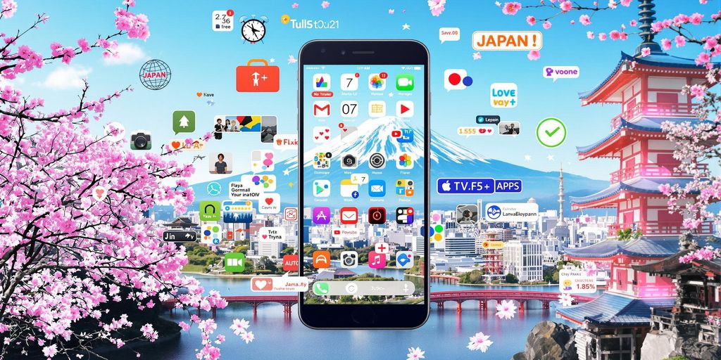 Smartphone with travel apps and Japanese landmarks backdrop.