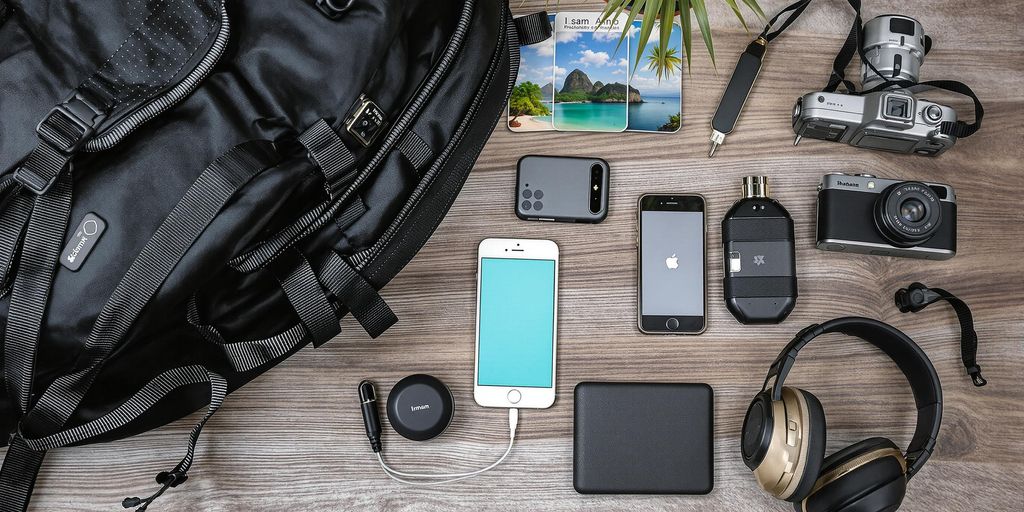 Backpack and gadgets on a tropical travel background.