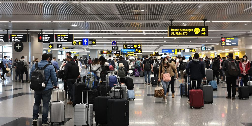 Busy airport terminal with travelers connecting flights.