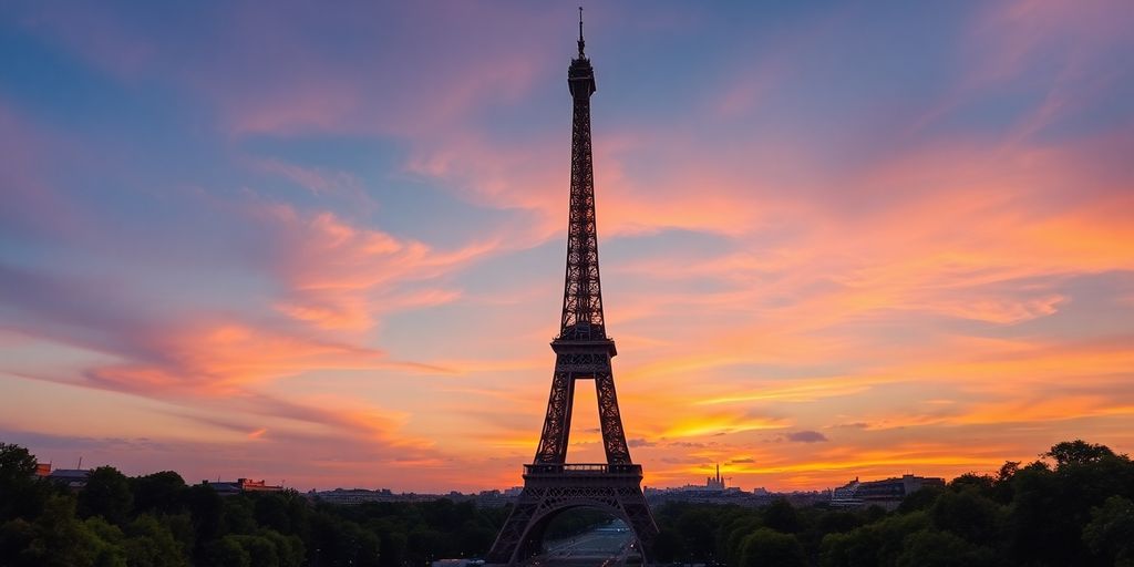 Eiffel Tower at sunset with vibrant sky and greenery.