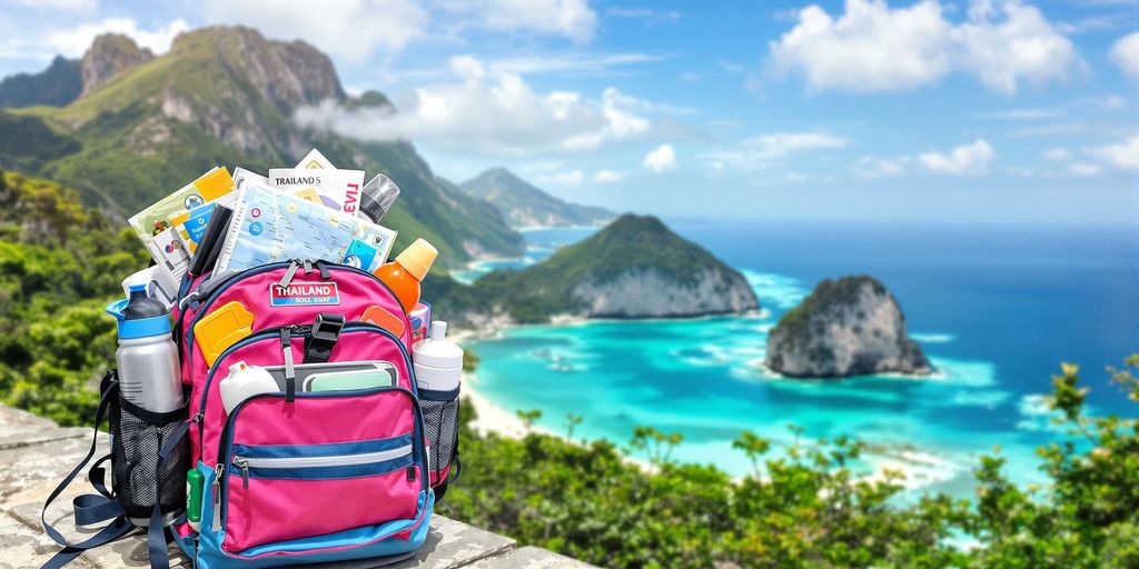 Colorful backpack and travel essentials on a beach.