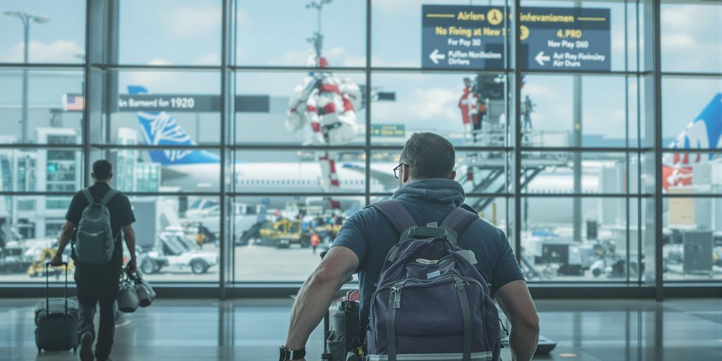 Traveler in airport terminal during connecting flight.