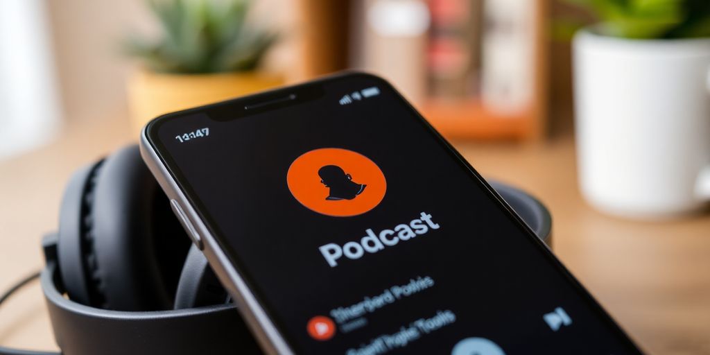 Smartphone with podcast app and headphones in a workspace.