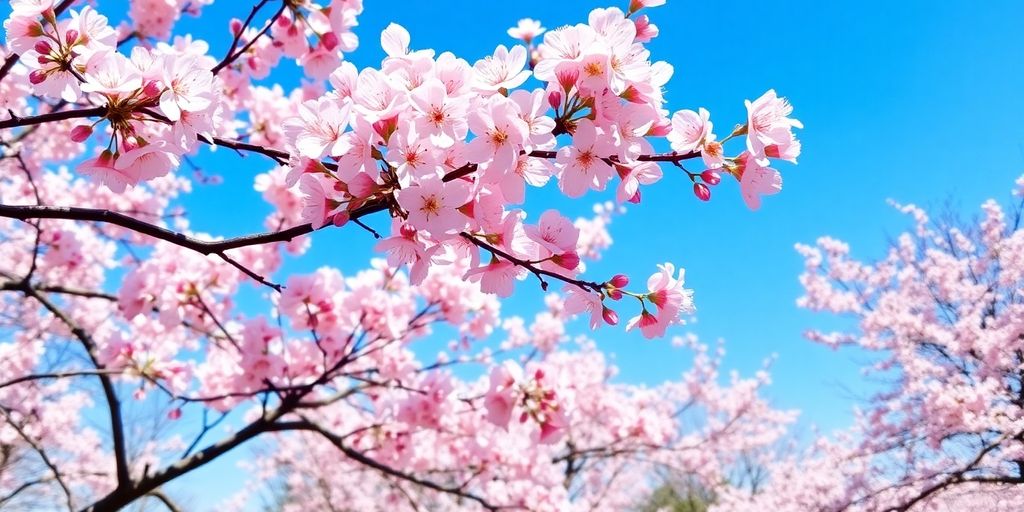 Cherry blossoms blooming in a serene Japanese landscape.