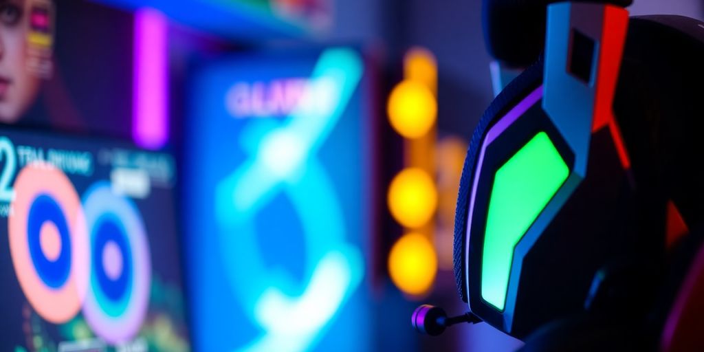 A vibrant gaming setup with LED lights and headset.