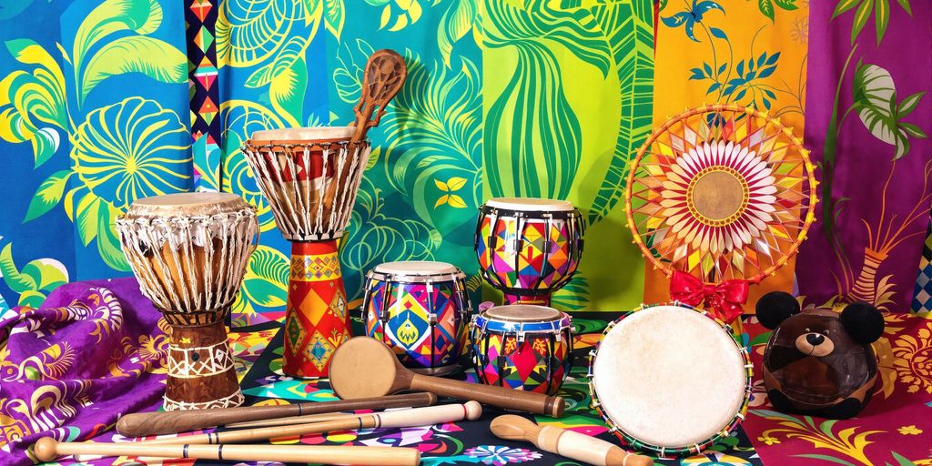 Colorful Brazilian instruments like berimbau and pandeiro.