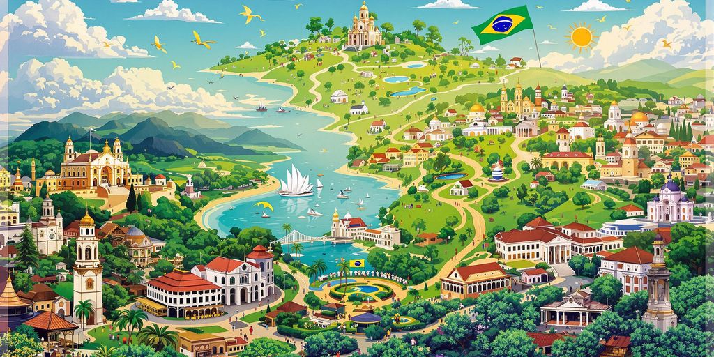 Brazilian landscape with historic landmarks and cultural elements.