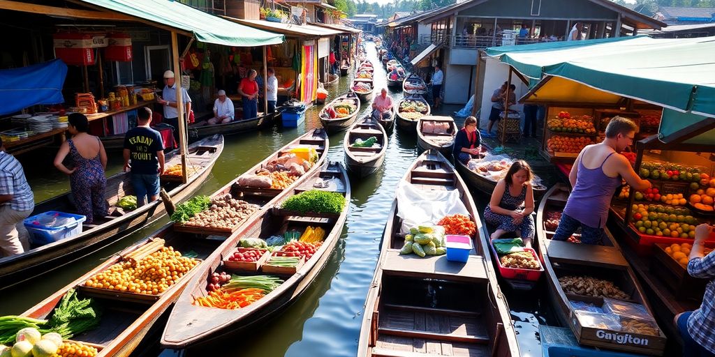 Colorful boats at Taling Chan Floating Market in Thailand.