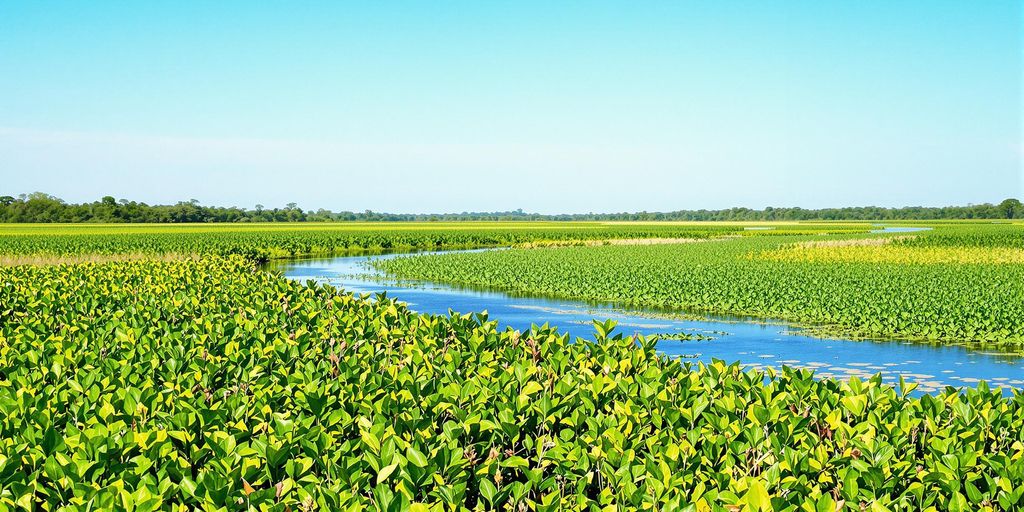 Lush Pantanal wetland with diverse wildlife and waterways.