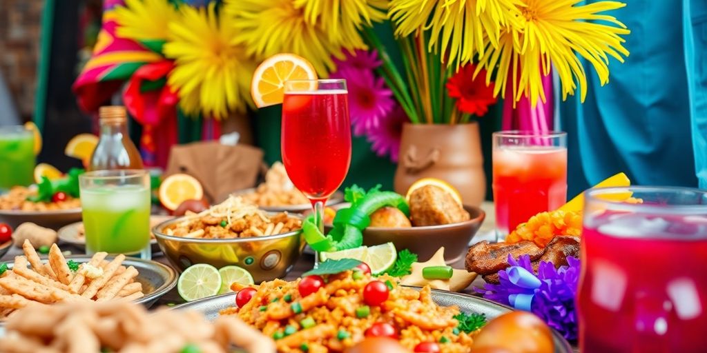 Colorful food and drinks at Brazilian Carnival celebration.