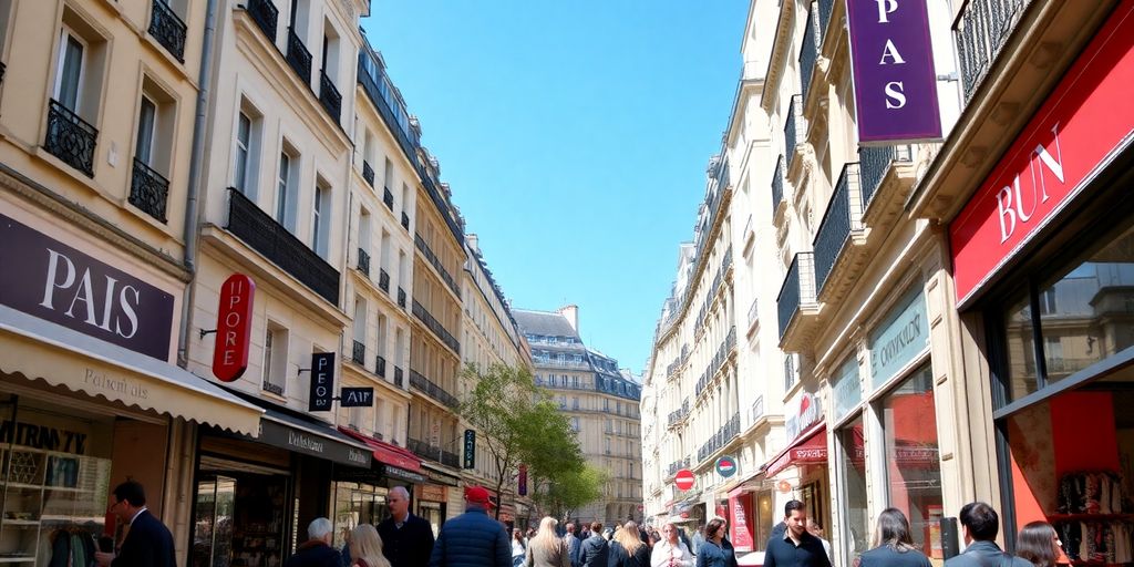 Fashionable boutiques and shoppers on a Parisian street.