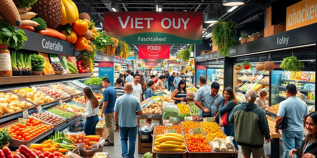 Colorful food market with fresh produce and shoppers.