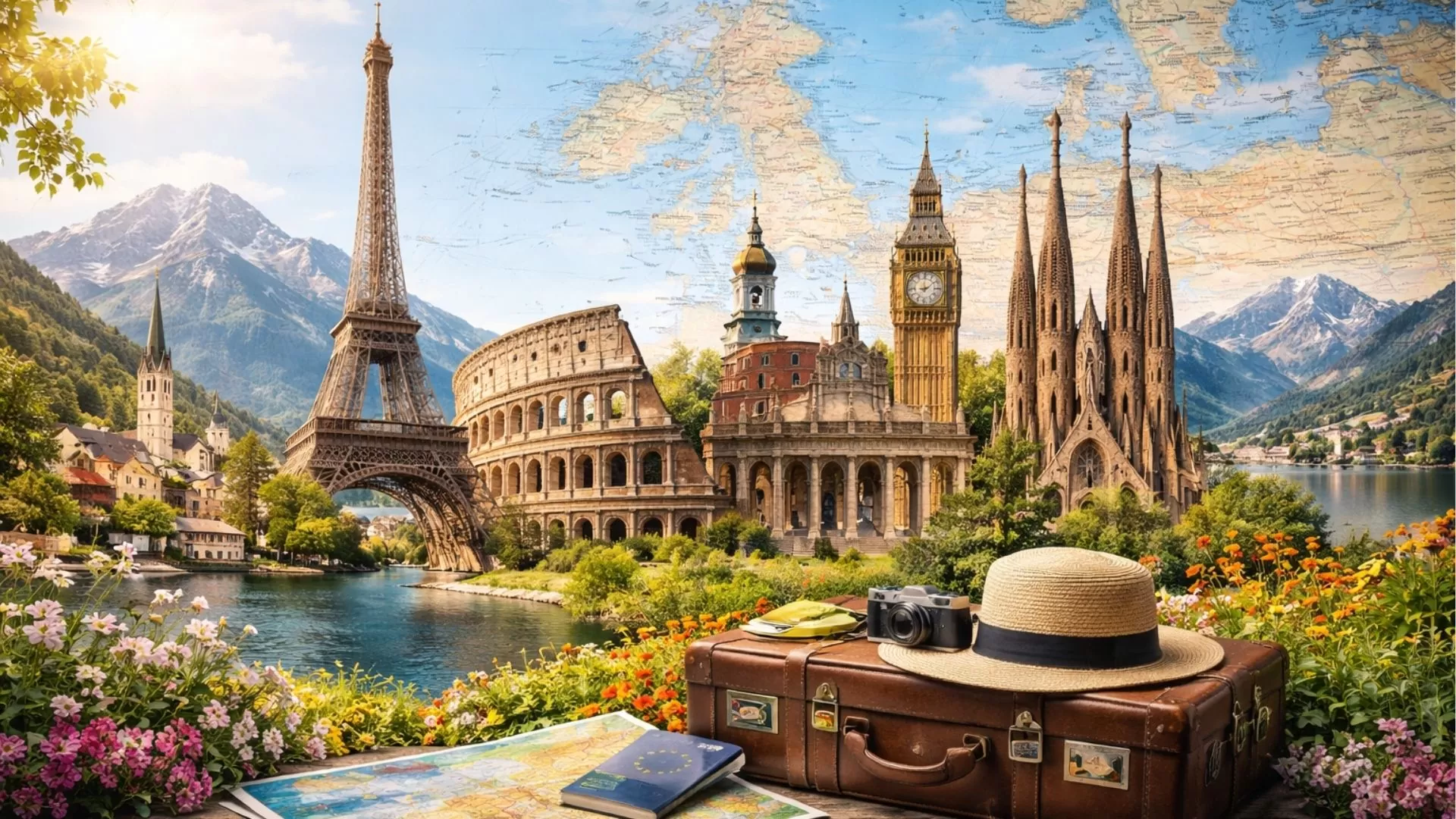 European travel scene featuring landmarks, a suitcase, passport, and map