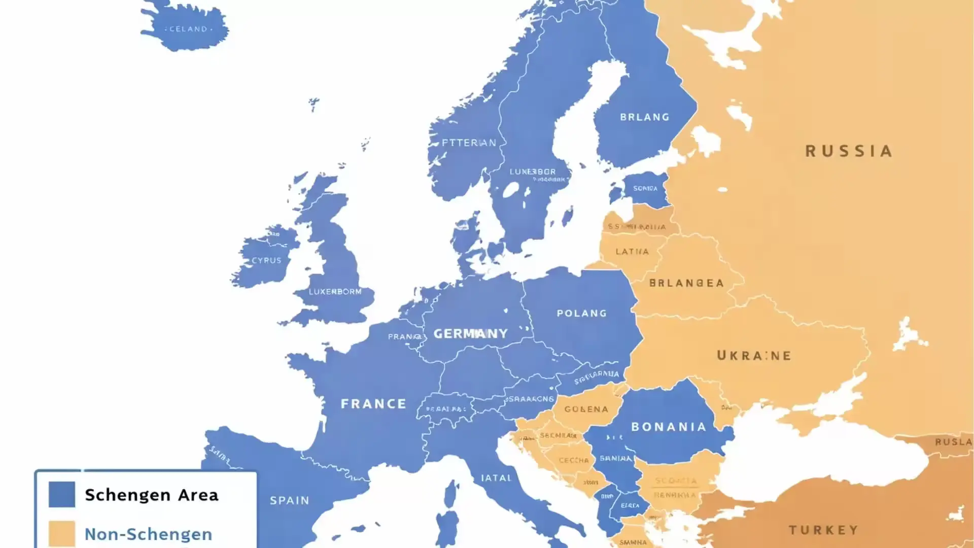 Map showing Schengen and non-Schengen countries in Europe