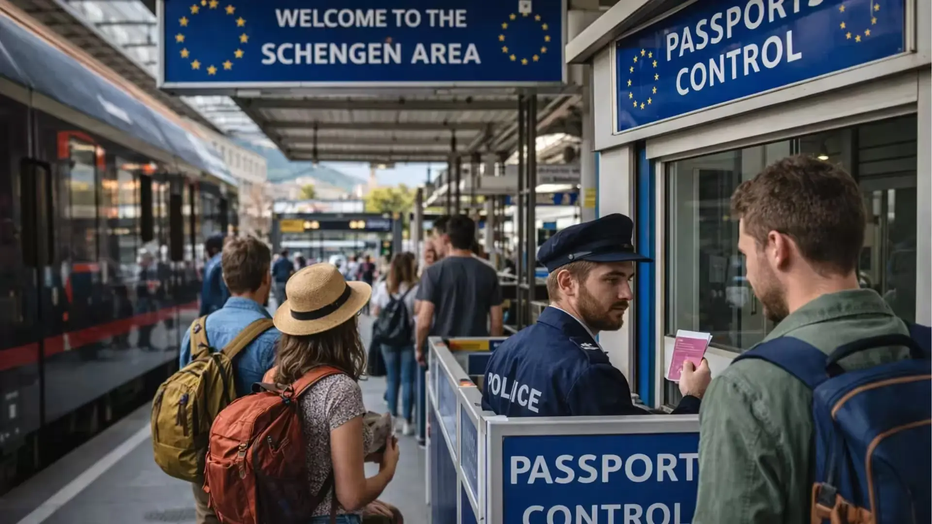 Travelers passing through passport control at a Schengen border