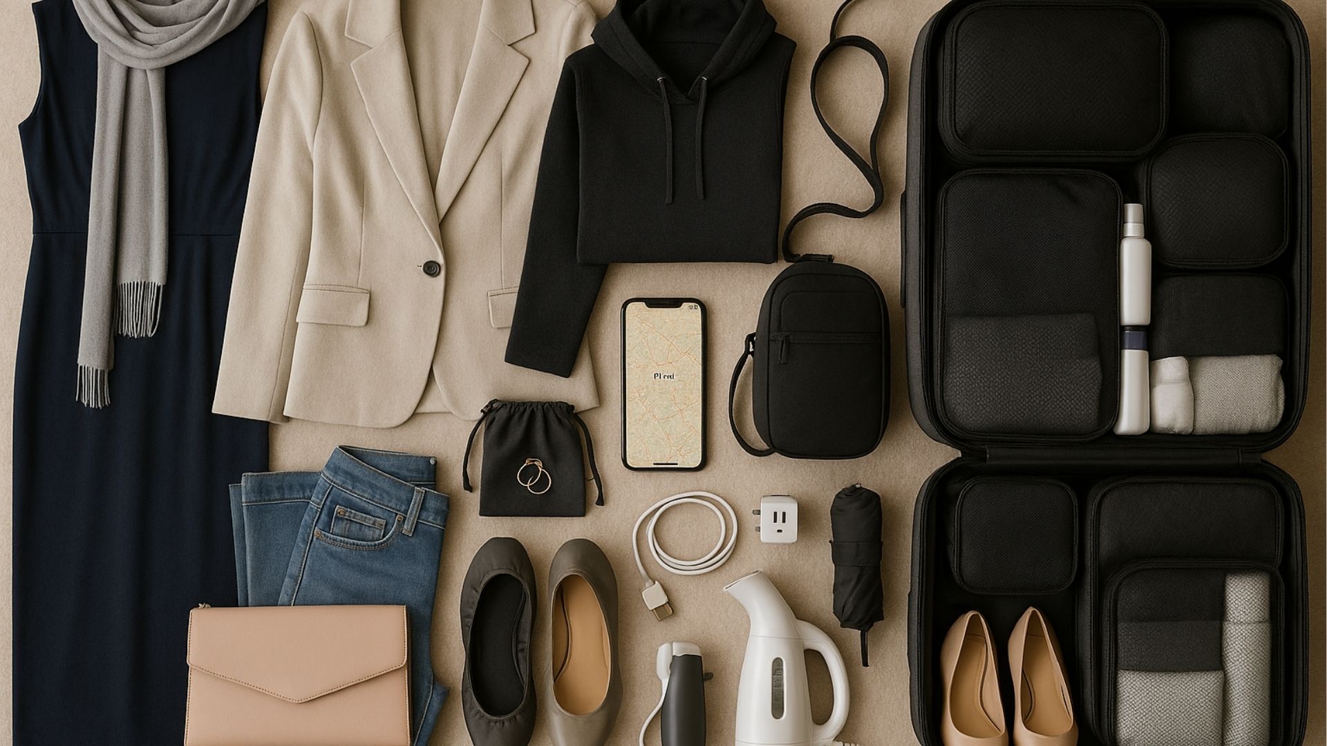 Milan travel packing essentials flat lay with outfits and accessories

