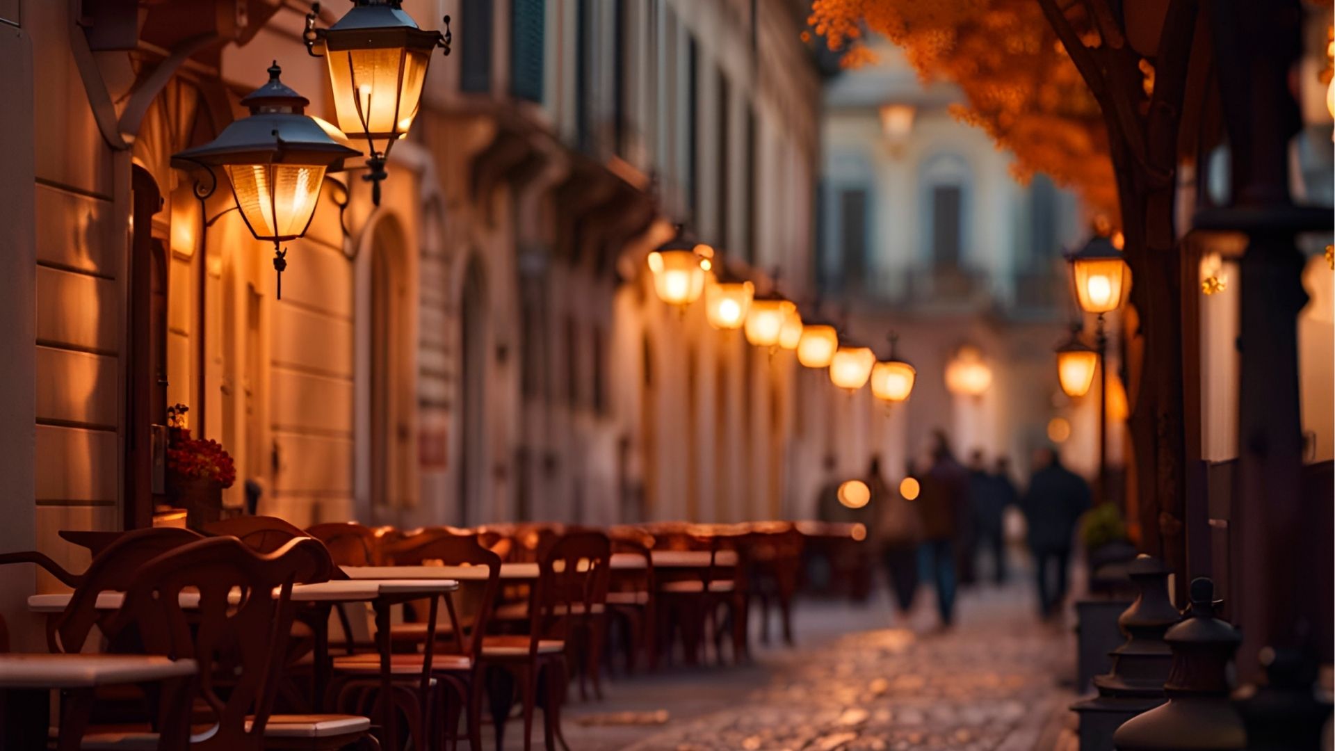 Evening cafe on the street. Autumn Italian landscape, baroque style, street lights
