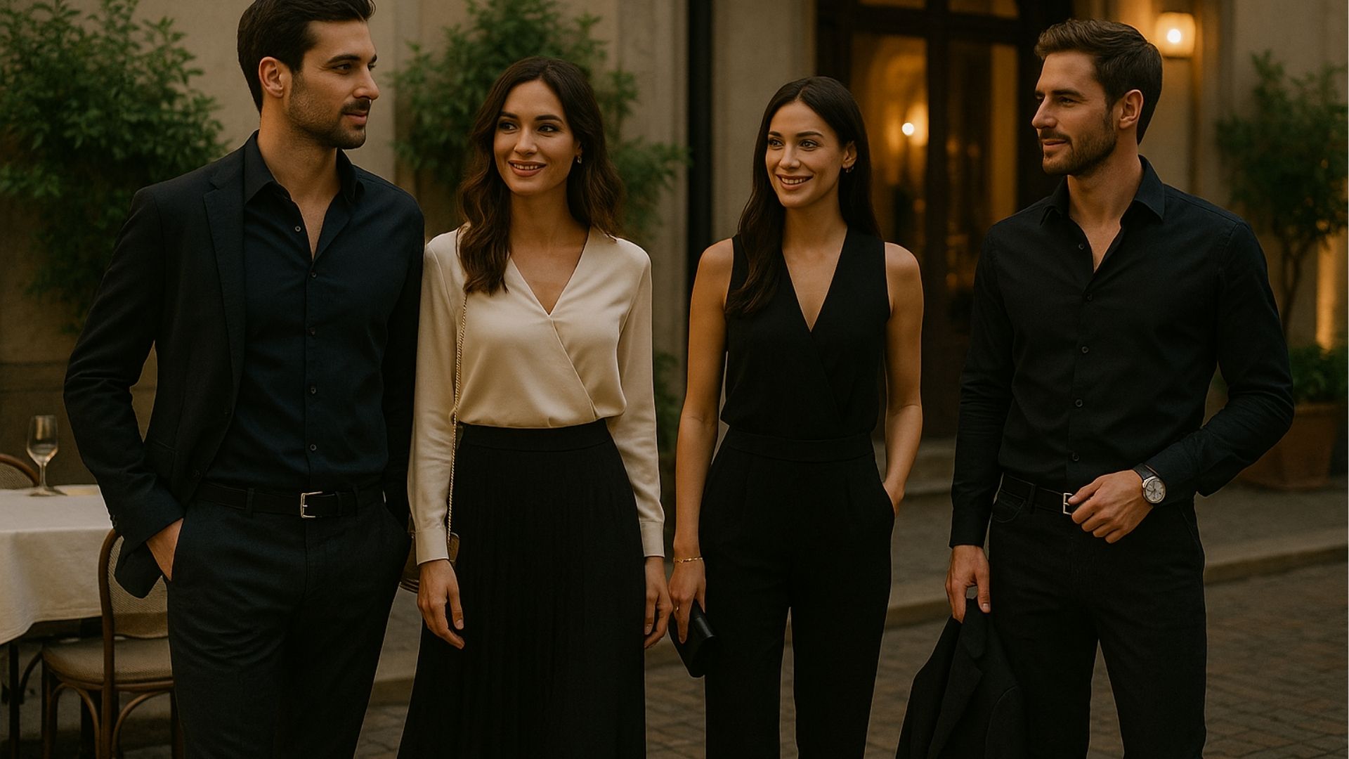 Stylish group dining in Milan, dressed in elegant evening outfits