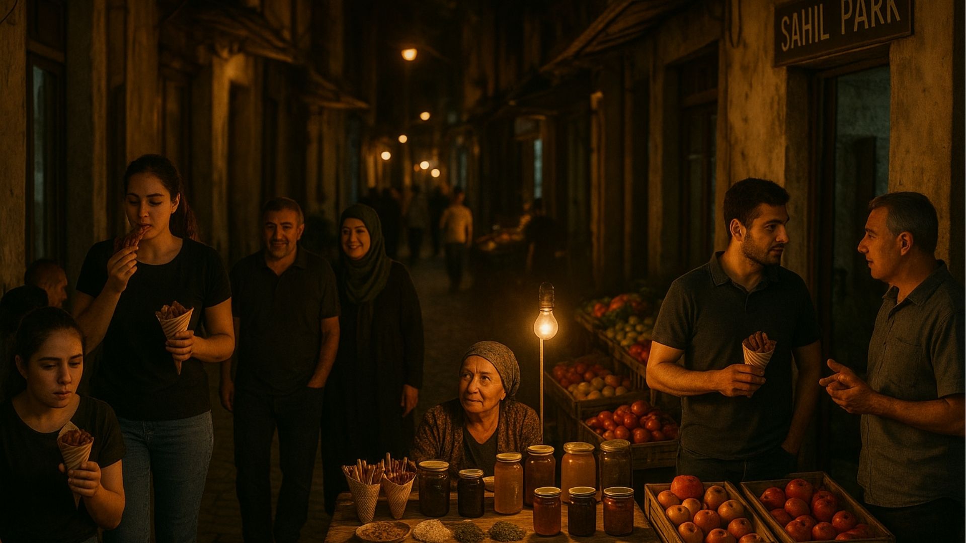 Night street in Mingachevir with locals eating snacks, fruit stalls, and warm streetlights