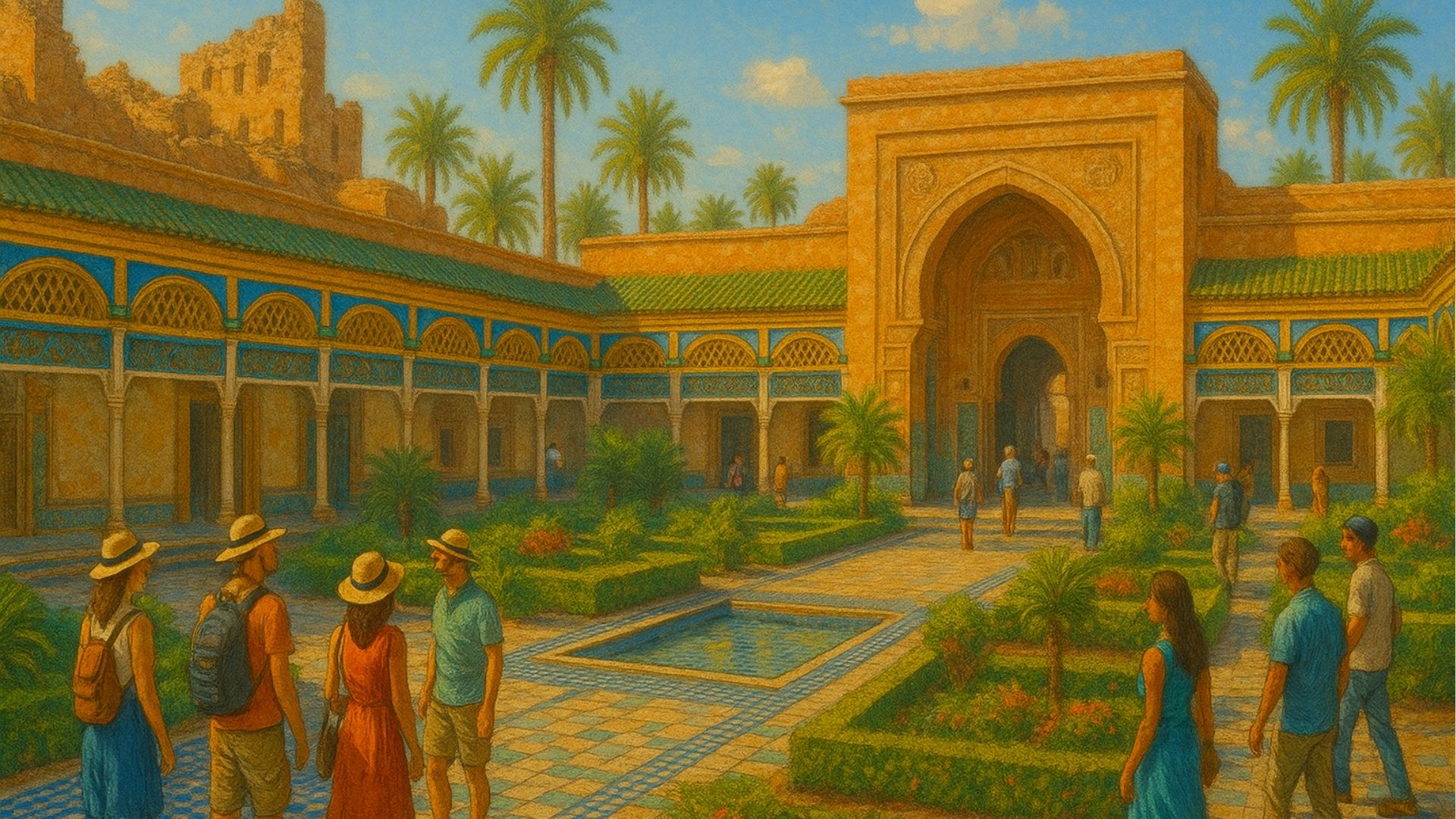 Visitors exploring Marrakech landmark