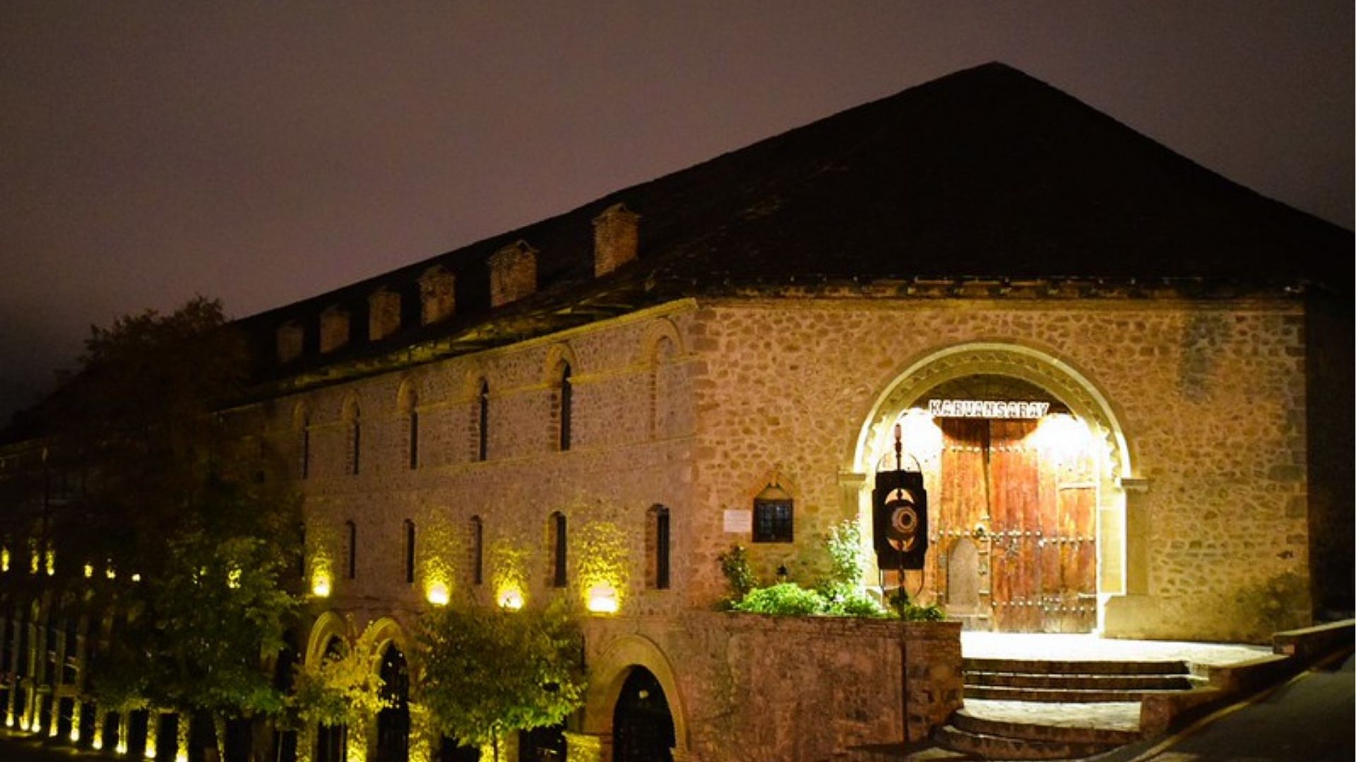 Sheki Caravanserai at night
