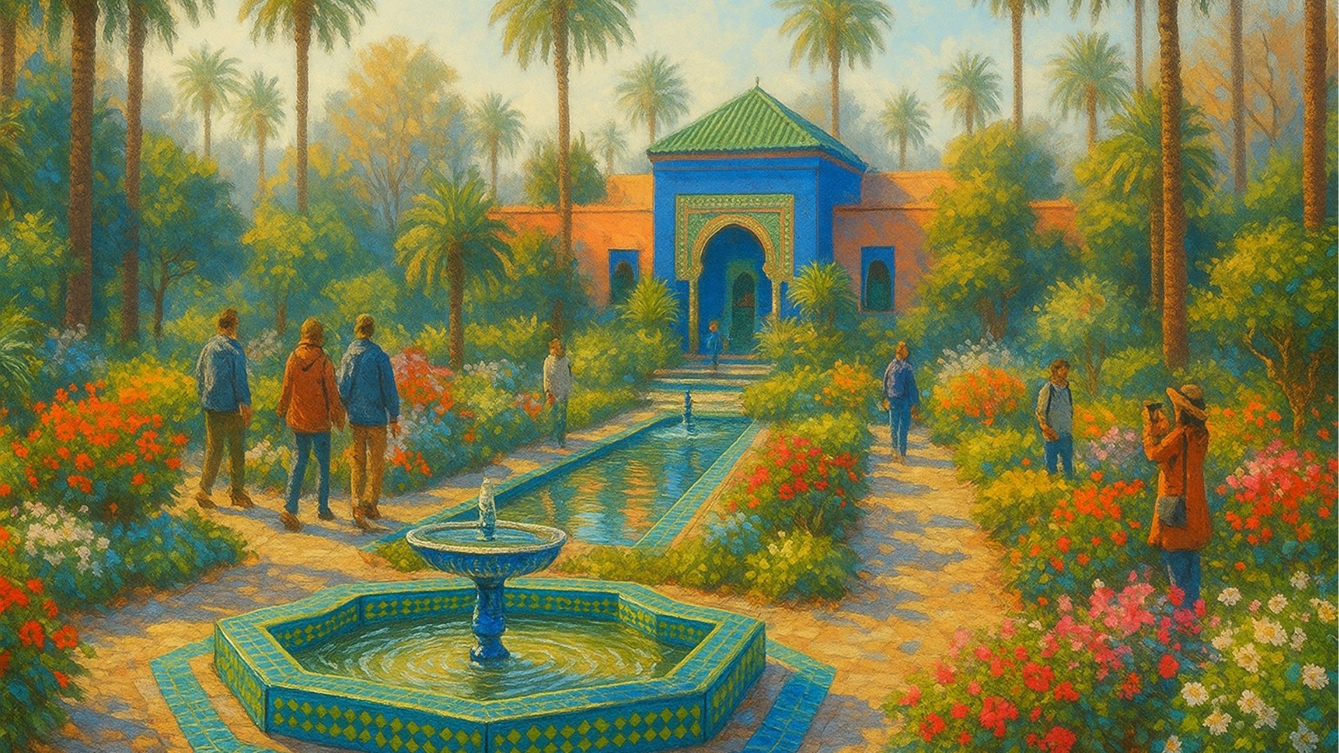 Tourists exploring Marrakech winter garden