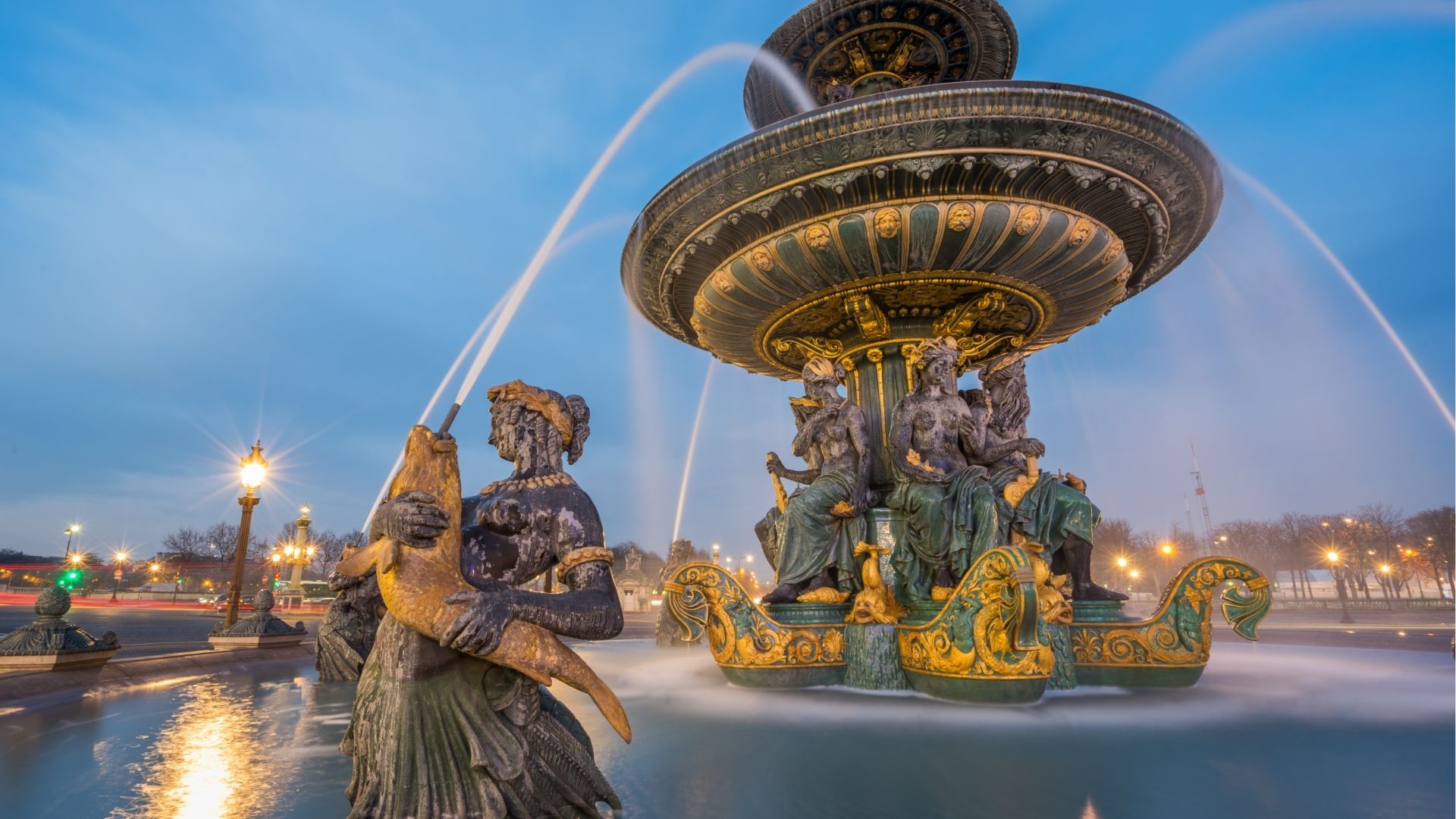 Place de la Concorde fountain with cityscape backdrop