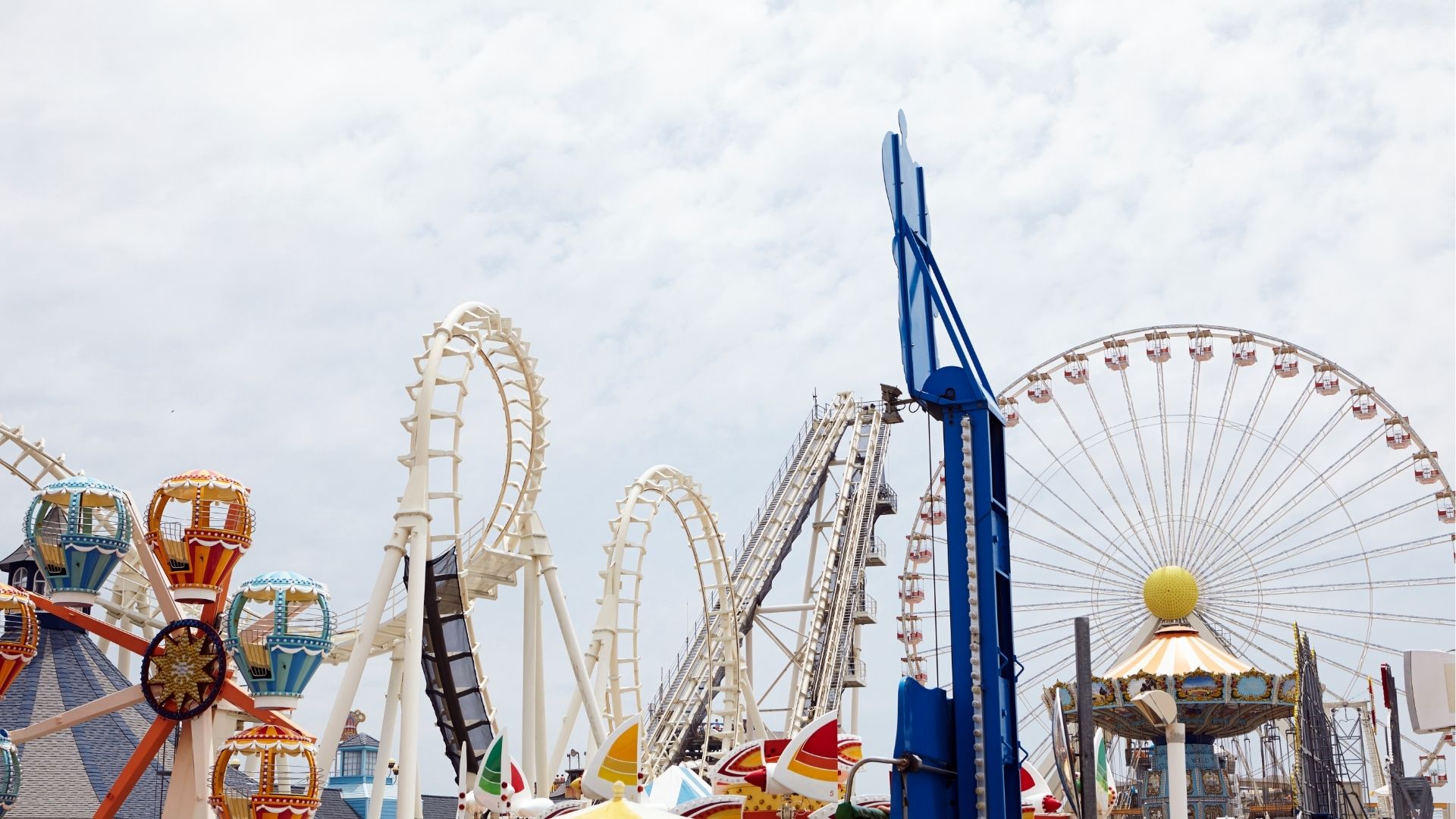 View of amusement park with rollercoaster and ferris wheel