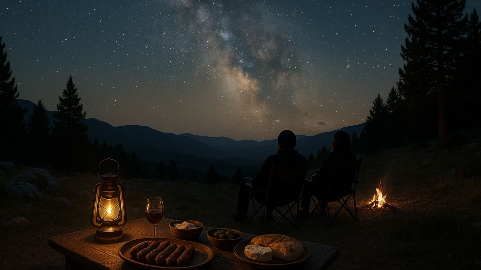 Stargazing night near Trebinje with a rustic picnic, campfire, and Milky Way sky