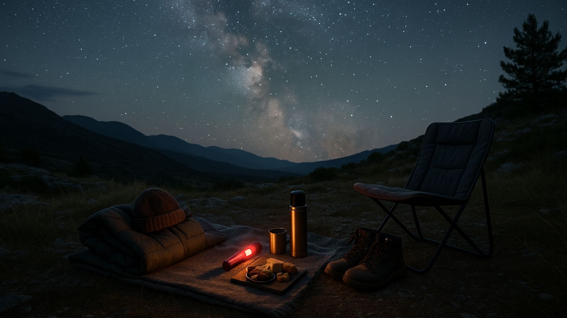 Essential stargazing gear near Trebinje with boots, blanket, thermos, and flashlight under the Milky Way