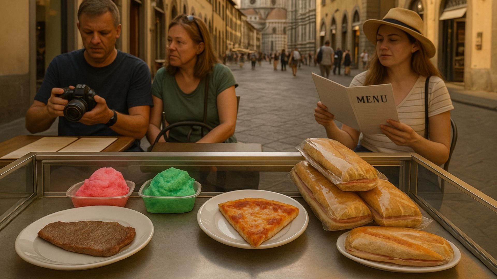Tourists dining near Florence Duomo with typical overpriced food items