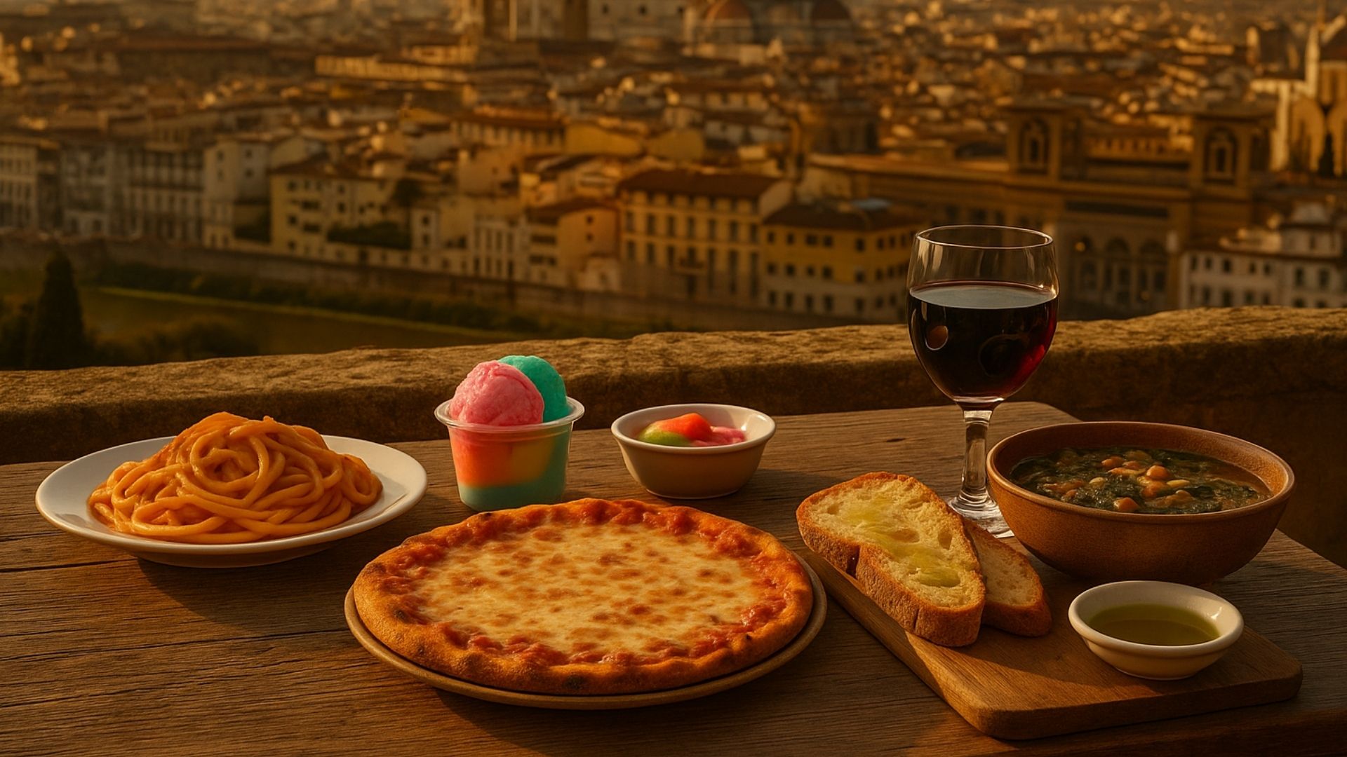 Plates of bland pasta dishes on a rustic Florence table near the Duomo