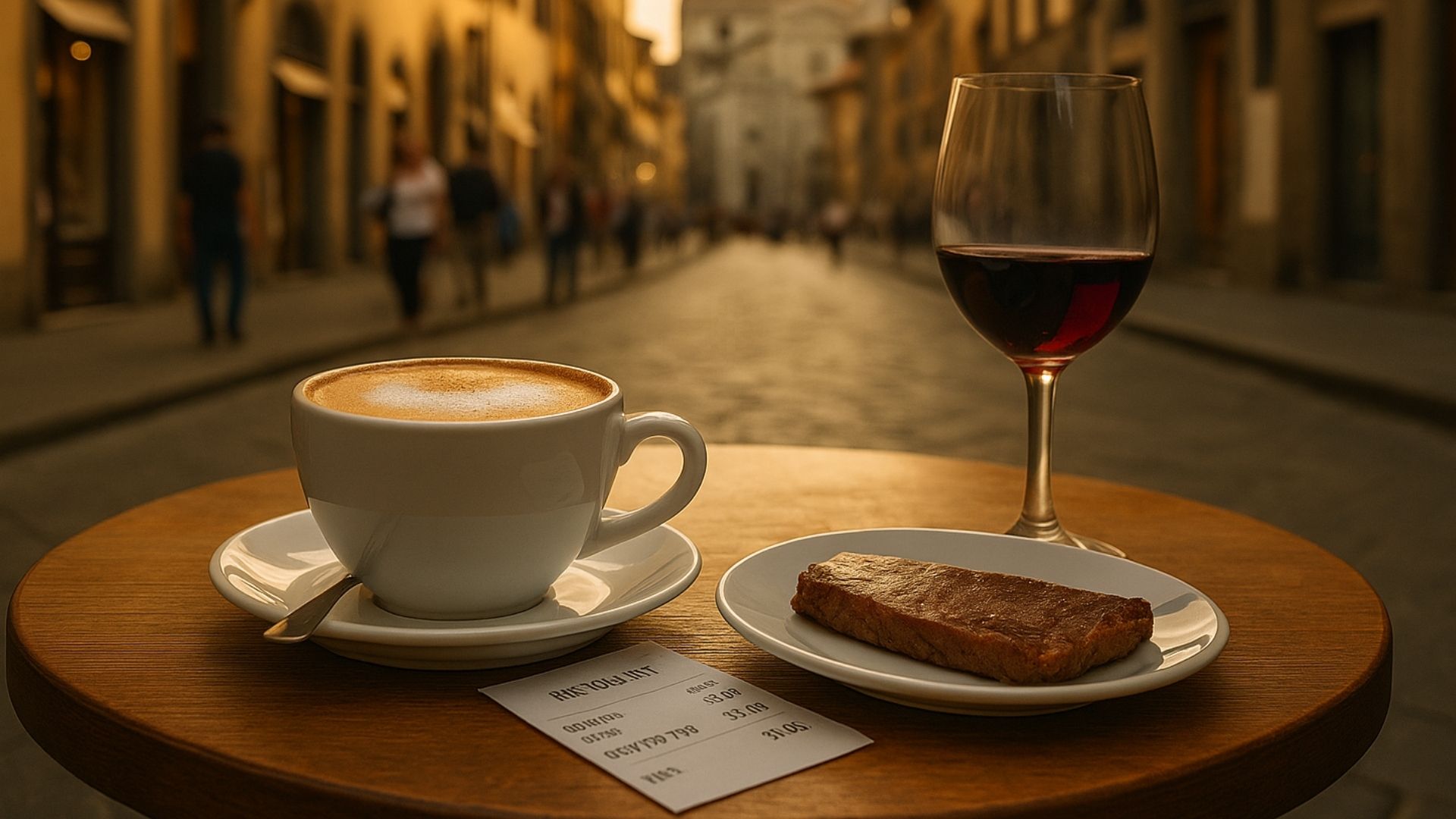 Café table in Florence with cappuccino, wine, and a bill against a Duomo backdrop