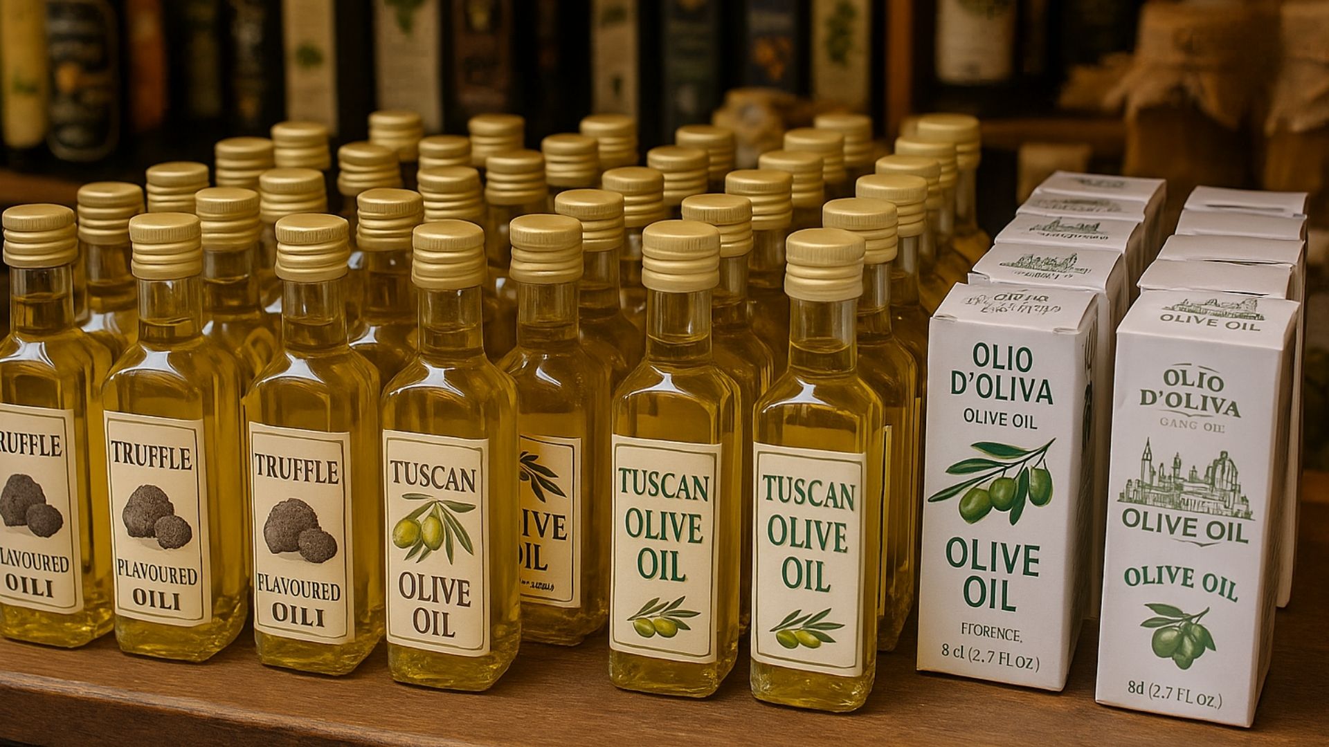 Fake truffle oils and low-quality olive oil bottles at a Florence market